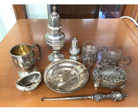 Group silver to include sugar castor, mug, two silver mounted glass cups, trinket box, dish and other items
