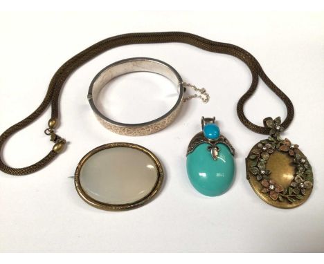 Gold plated silver bangle with engraved decoration, Victorian brooch, silver and turquoise pendant and an American Sweet Roma