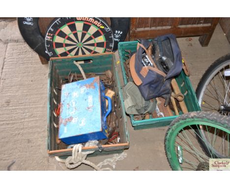 Two large boxes of tools including hammers, trowels, screwdrivers, a bag containing various wheels etc. 
