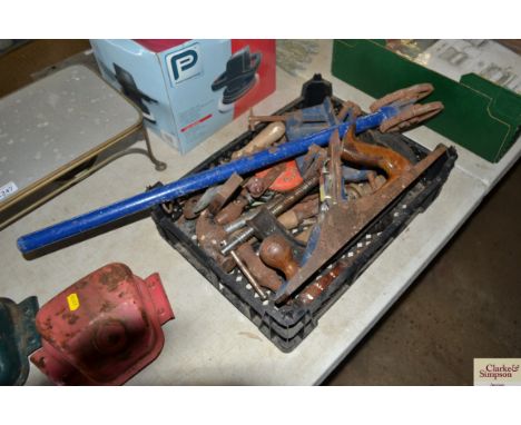 A small box of tools including G Clamp, vice, hammer and a Record No.5 smoothing plane 