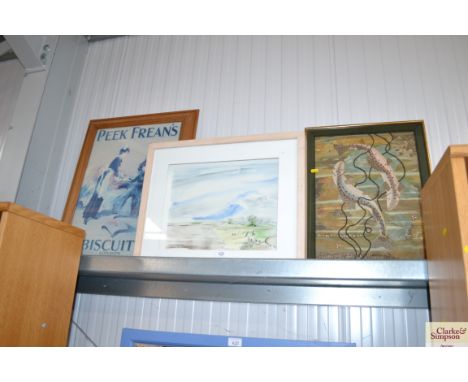 A mixed media study depicting a fish; a watercolour landscape study signed to bottom right and a pine framed print