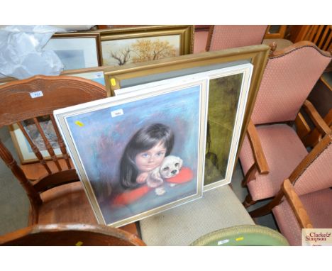 An over painted print together with two other framed and glazed prints