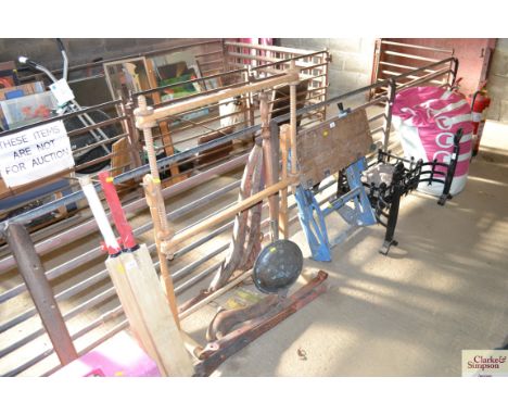 A tapestry frame, a copper warming pan, hames, large hinges etc.
