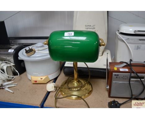 Brass desk lamp with green glass light shade