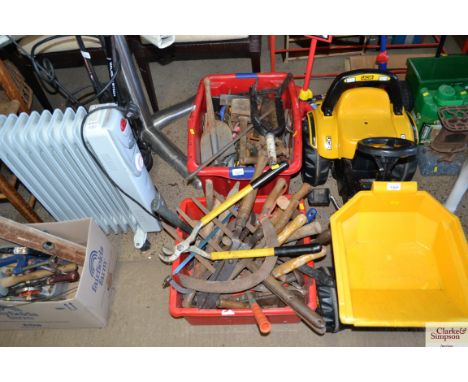 Two large crates of tools including shears, slashers, hammers, saws etc.