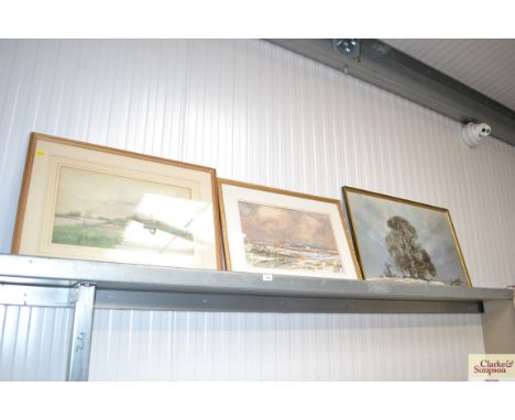 Two framed and glazed watercolour studies of landscapes, together with a print