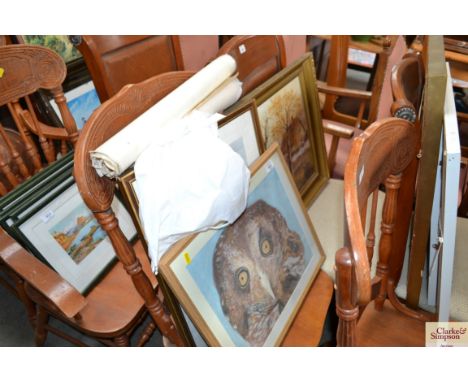 A quantity of pictures and prints to include pastel study of an owl; oil on board depicting a farmyard scene with figures to 