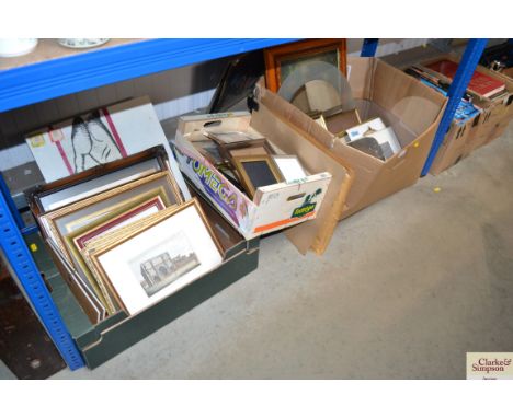 Three boxes of various pictures, prints and frames
