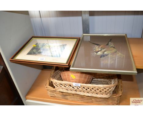 A pencil signed print together with a watercolour depicting a lynx by E G Dunham