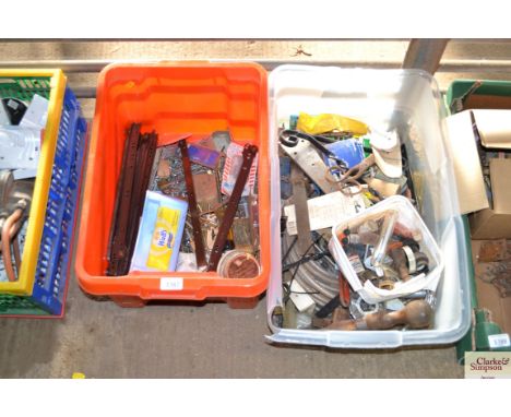 Two boxes containing drawer runners, screws, tools, hinges etc.