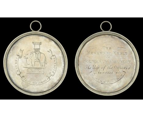 19th Light Dragoons Reward of Merit, engraved silver circular medal with raised rim and integral suspension ring, 62 mm, obv.