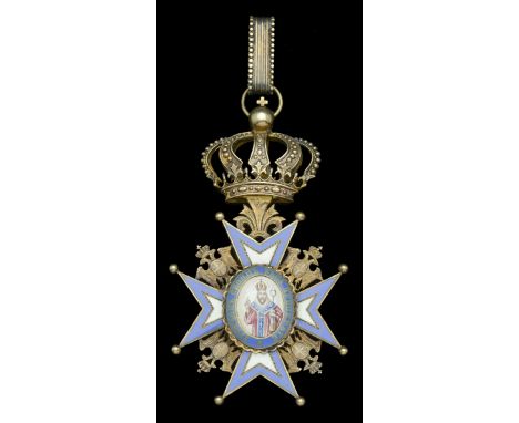 Serbia, Kingdom, Order of St. Sava, 2nd type, Commander’s neck badge, 88mm including crown suspension x 50mm, silver-gilt and