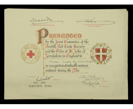 The British Red Cross Society and Order of St. John of Jerusalem War Service Certificate awarded to the Rt. Hon. The Viscount