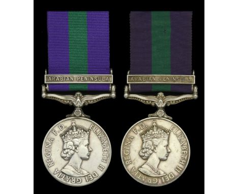 General Service 1918-62, 1 clasp, Arabian Peninsula (2) (S/22264925 Cpl. A. R. J. Dennington. R.A.S.C.; 22995492 Cpl. A. Moor