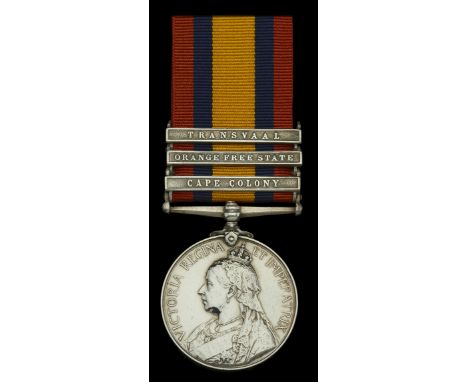 Queen’s South Africa 1899-1902, 3 clasps, Cape Colony, Orange Free State, Transvaal (6020 Pte. W. Brown, E. Kent Regt.) light