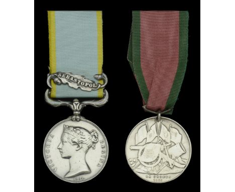 Pair: Lieutenant E. Greg, 3rd Foot  Crimea 1854-56, 1 clasp, Sebastopol (Eustace Greg Lieut. 3rd Regt. The Buffs) naming engr