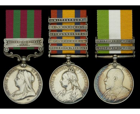Three: Private S. Scott, East Kent Regiment  India General Service 1895-1902, 1 clasp, Relief of Chitral 1895 (3322 Pte. S. S