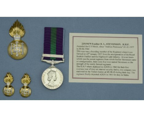 General Service 1918-62, 1 clasp, Arabian Peninsula (23510479 Fus. F. L. Stevenson R.H.F.) mounted on card with H.L.I. metal 