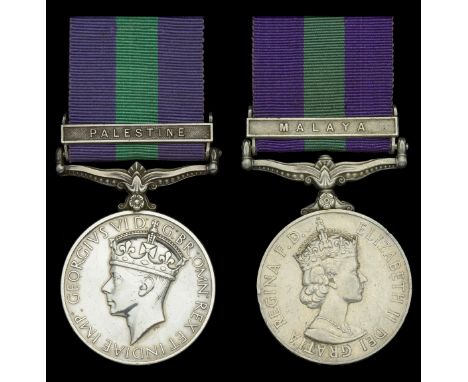 General Service 1918-62, 1 clasp (2), Palestine (3311687 Pte. A. Paton. H.L.I.); Malaya, E.II.R. (23482926 Pte. R. Longdon. F