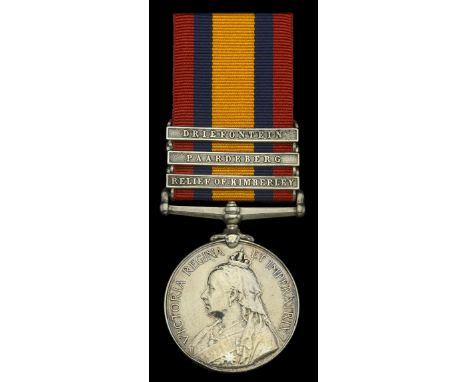 Queen’s South Africa 1899-1902, 3 clasps, Relief of Kimberley, Paardeberg, Driefontein (3385 Cpl. R. Laing, E. Kent Regt.) po