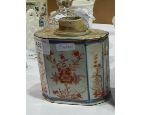 18th century Chinese porcelain tea caddy, panelled rectangular, decorated with iron-red and gilt flowering branches, blue bor