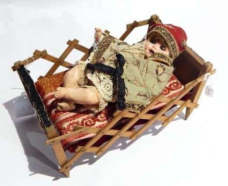 Heubach Koppelsdorf boy doll No.300 13/0 with sleeping blue eyes, open mouth, moulded teeth, wearing Indian style turban, lac