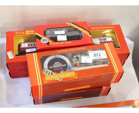 Hornby Railways 'OO' gauge saddle tank engine, No.R396, another, No.R041, a Caladonian loco, No.R057, two Triang Hornby coach