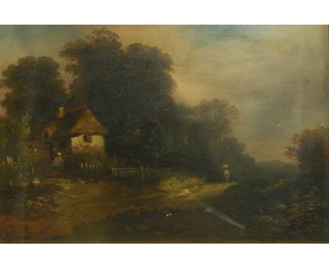 R Benedict
Pair oils on panel 
Landscape scenes with cottages, 24cm x 16.6cm each 