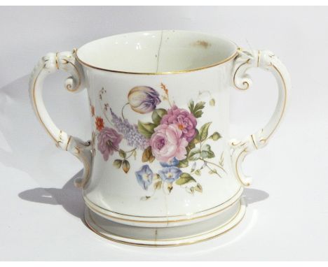 Royal Worcester porcelain two-handled loving mug, cylindrical and waisted, painted naturalistic floral spray and having scrol