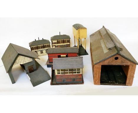 A collection of scratch-built wood railway buildings to comprise an engine shed, a goods depot, three signal boxes, a station