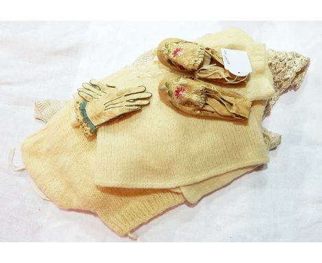 Pair Victorian/Edwardian embroidered silk and leather childs/dolls shoes, floral decorated with glass button and pair Victori
