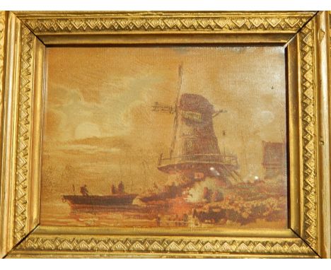 Five prints of frescos in Urbino and two small oleographs in gilt frames (7) 