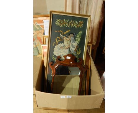 Two prints of Georgian ladies, reproduction Georgian-style wall mirror, sundry other prints, pictures and a tapestry 