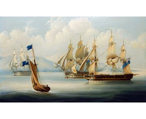 Unattributed 
18th century oil on panel
Seascape, Royal Navy galleons off mountainous coast, 37cm x 23cm 

