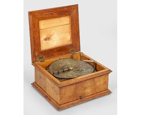 Nussbaum, furniert. Rechteckiger, profilierter Korpus mit entsprechendem Deckel. Spielwerk mit Tonkamm, Aufzugskurbel und An-