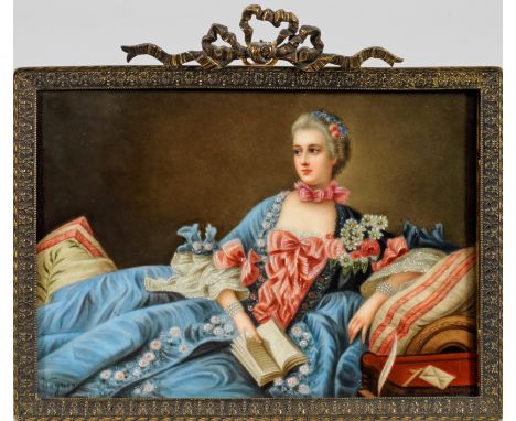 nach François BoucherRechteckige Bildplatte. Vor dunklem Hintergrund auf einer Chaiselongue sitzende Madame Pompadour. Den li