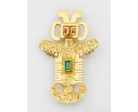 nach Vorbildern präkolumbianischer Fundstücke der Tolima-KulturGelbgold, gest. 18 k. Zentral besetzt mit einem leuchtendgrüne