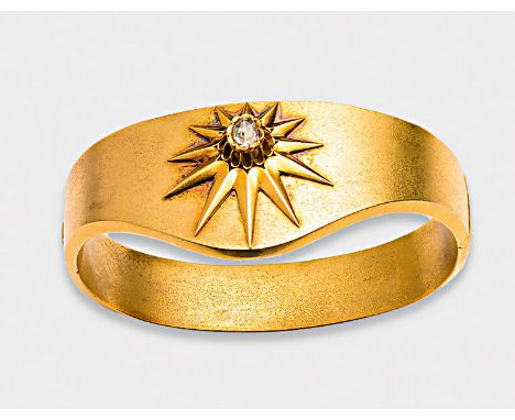 Gelbgold, 14 k. Geschwungene Armspange zentral besetzt mit einer Diamantrose von ca. 0,25 ct.; Gew. ca. 28,08 g. Box.Bracelet