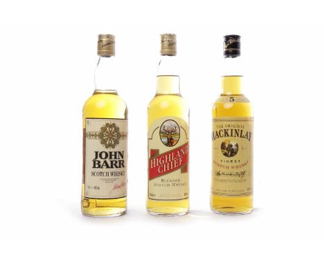 THREE BOTTLES OF BLENDED SCOTCH WHISKY
To include Highland Chief, Mackinlay Aged 5 Years and John Barr. All 70cl and 40% volu