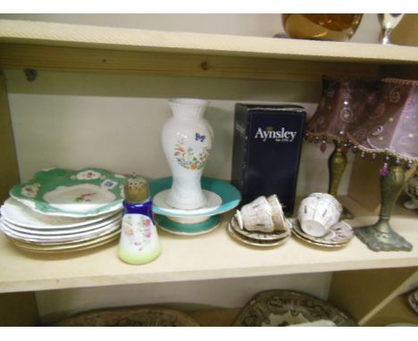 Shelf of Porcelain Including Aynsley Vase and Two Candle Lamps with Shades