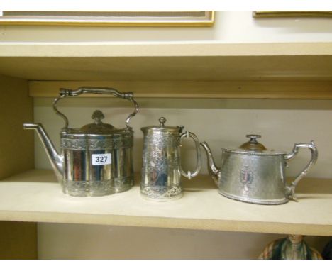 Sheffield Silver Plated Kettle designed by Philip Ashsbury and a James Dixon Engine Turned Tea Pot and an Engraved Chocolate 