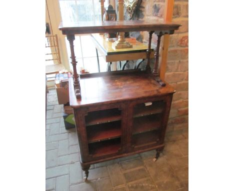 Victorian Burr Walnut Marquetry Decorated Two Door Side Cabinet with Tiered Shelf above Glazed Cupboard Base