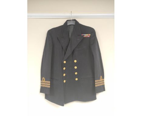 British Royal Navy uniform, a black jacket with Gieves Ltd label "5/5/46 40/13532 F D BROWN" having Weldon of London naval br