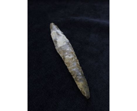 Neolithic- multi faceted&nbsp;flint "slug" knife / dagger of tapering form. Expertly knapped constructed from marbled grey fl