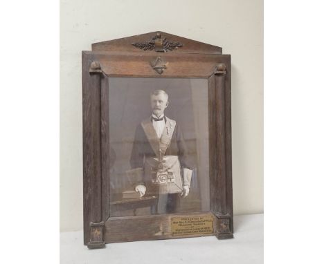 Victorian Masonic framed photograph depicting a gentleman in masonic attire. A plaque reads: "Presented by Wor.Bro A.H. Green