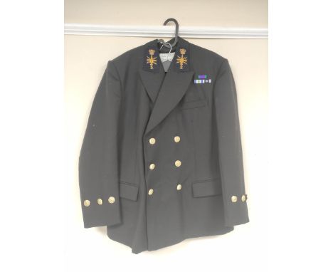 British Royal Navy uniform, a black jacket with Bernard Uniforms (Holdings) Ltd label "Size 42.5REG" having Gaunt of Birmingh