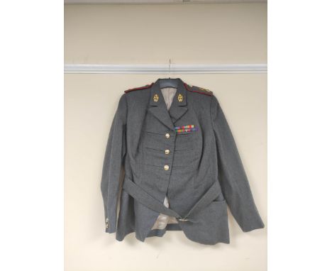 British Army uniform, a slate grey jacket having Gaunt and Sons of London staybrite buttons, QARANC (Queen Alexandra's Royal 