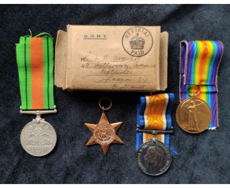 WWII &amp; Earlier Medal Group-&nbsp;&nbsp;Issued to Pte L.A Urquhart 95522 MGC with original OHMS box. To include WW1 Victor