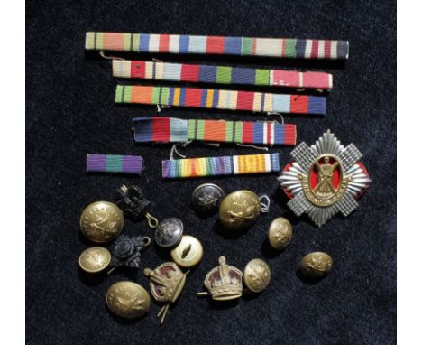 Collection of military buttons, cap badges and medal ribbons to include Royal Scots buttons &amp; various WW2 ribbons includi