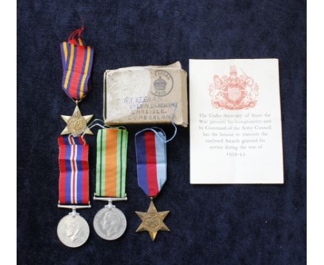 WW2 medal group to include: 1939-45 star, Burma Star, 1939-45 War Medal &amp; Defence Medal in original box with inventory pa